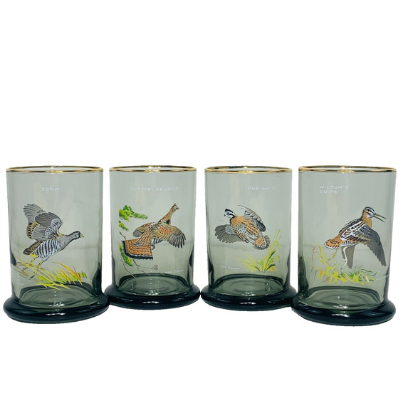 NED SMITH Double Lowball 12 oz Glass Set (4) Smoke Gold Rim Waterfowl Rocks EUC - Picture 2 of 11